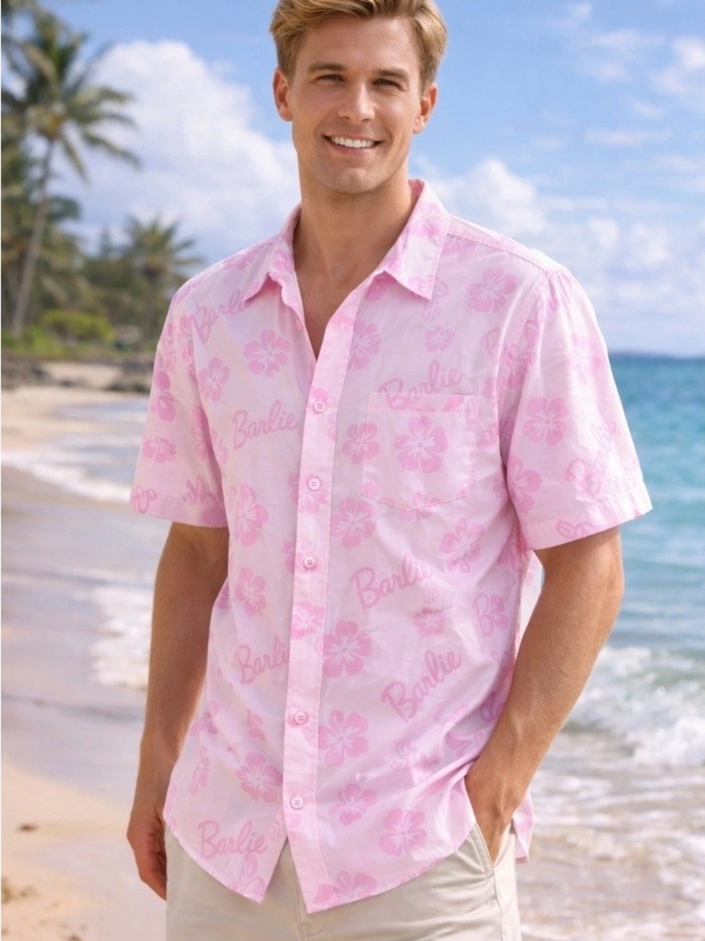 Barbie Light Pink Floral Camp-Collar Short-Sleeve Shirt